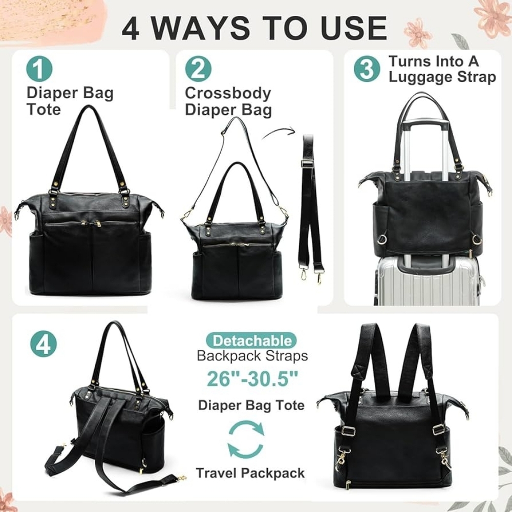 Mominside Black Leather Baby Diaper Bag Backpack, 14 Pockets & Changing Pad - Picture 2 of 16
